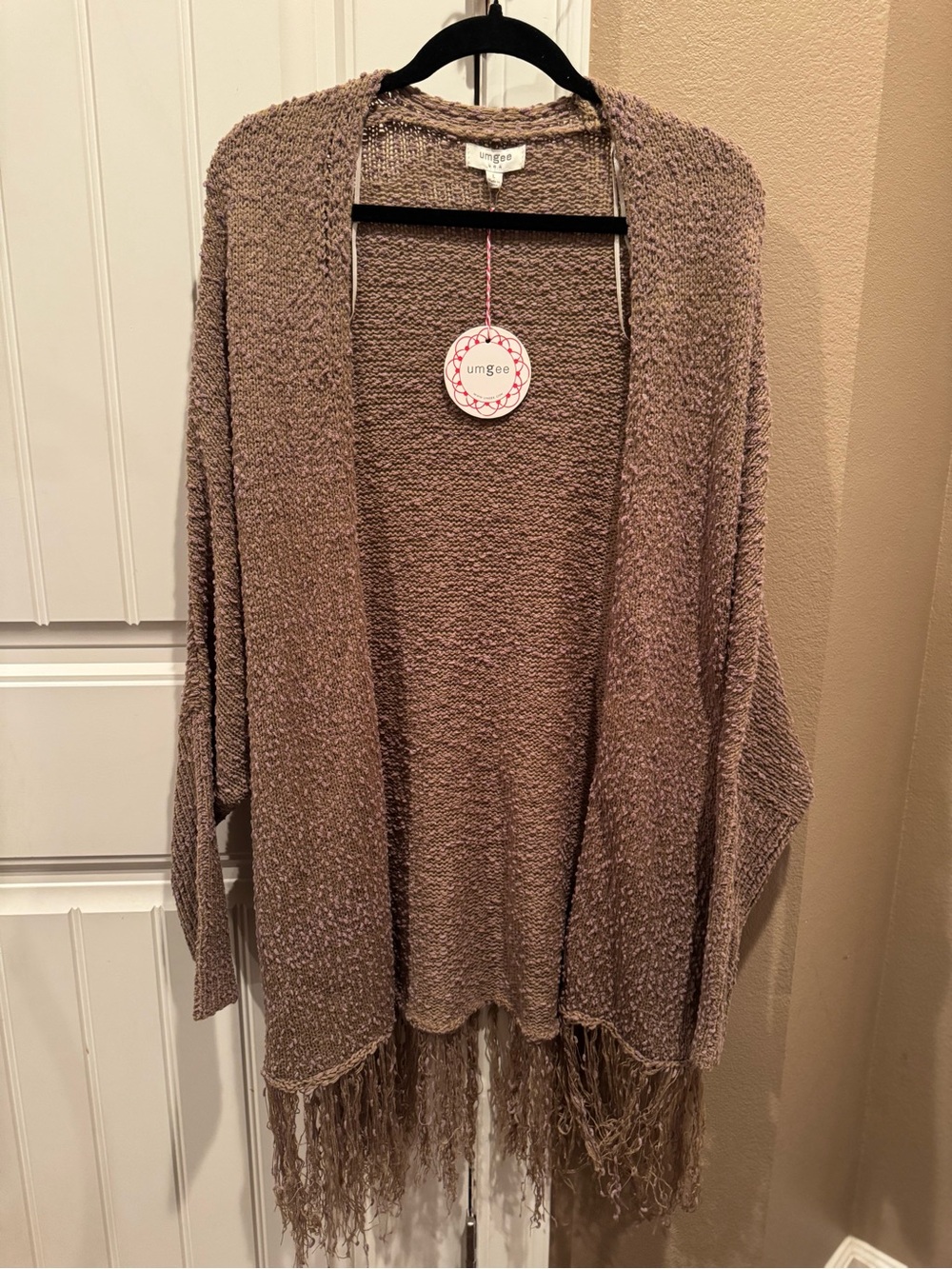 Umgee Taupe Open-Front Fringe Hem Cardigan